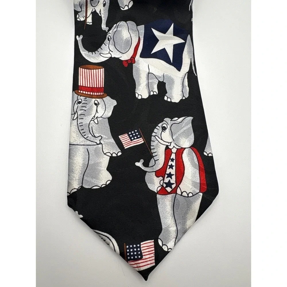 Fratello GOP Republican Elephant Patriotic American Flag Silk Necktie Black 4